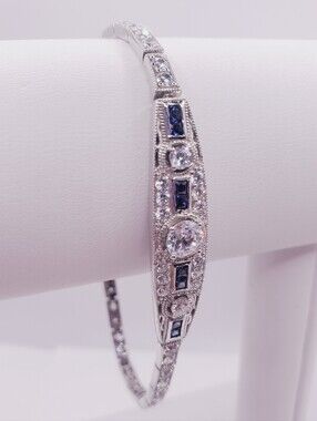 925 Sterling Silver Sapphire Blue Cz & Diamond Simulant Bracelet